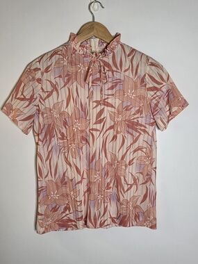 Vintage Graff 1950s  Floral pink & cream short sleeve blouse Size Small